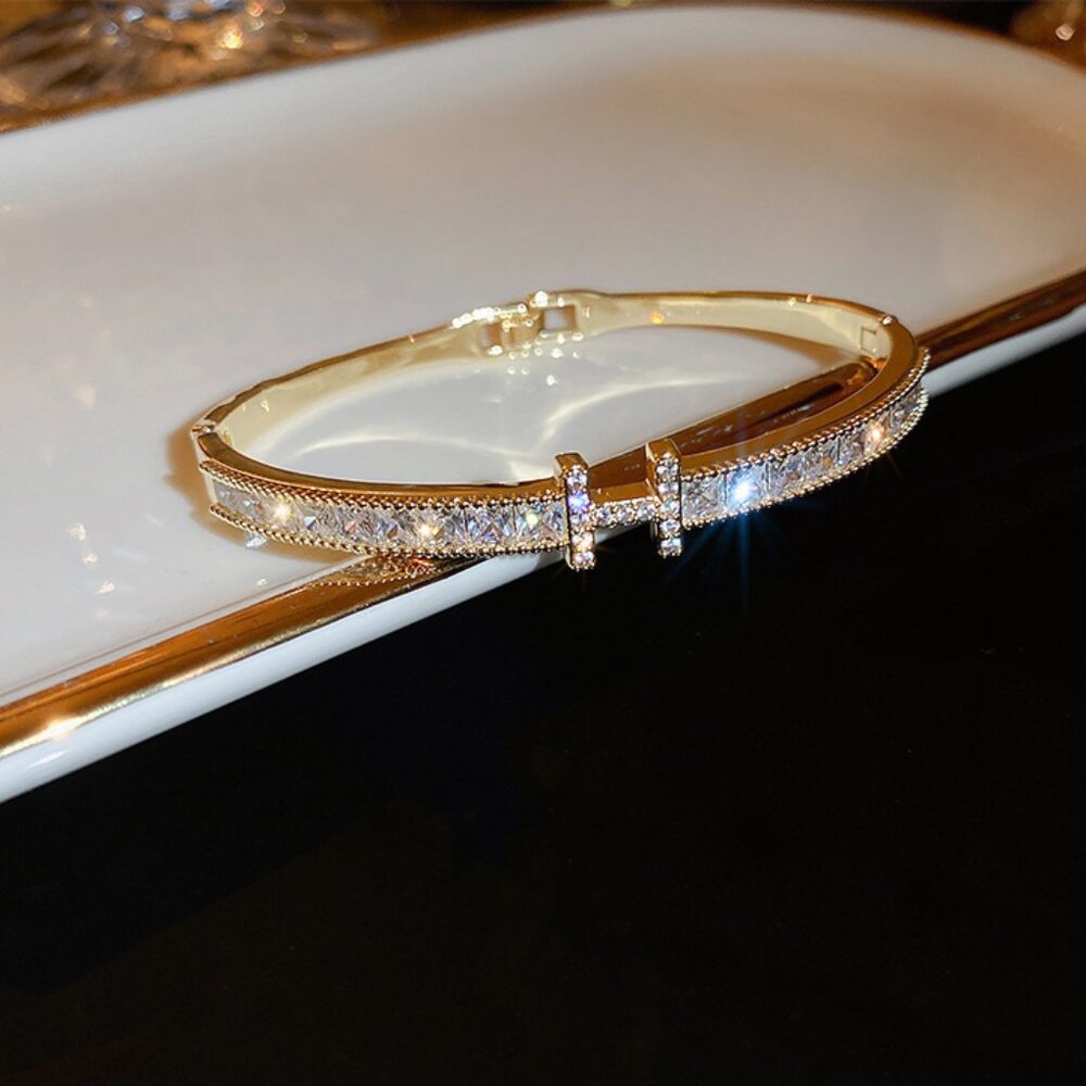 18K Gold Plated Stainless Steel Zircon Crystal H Bangle Bracelet